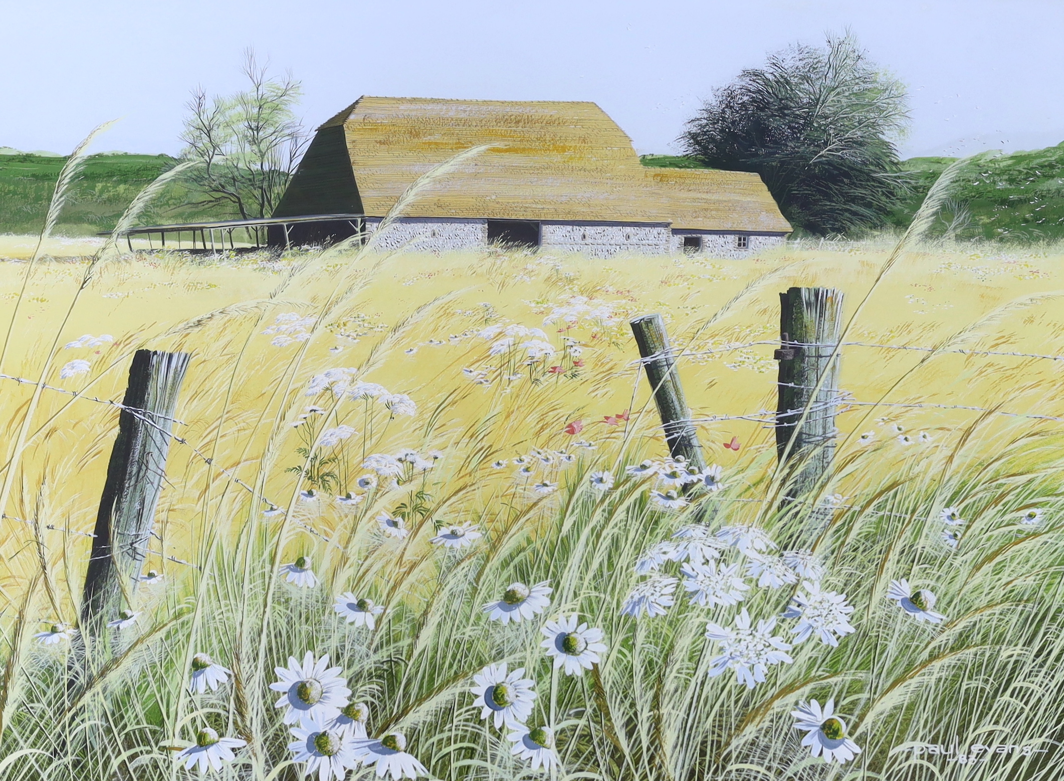 Paul Evans (b.1950-), gouache, Meadow before barns, signed and dated '83, 48 x 35cm